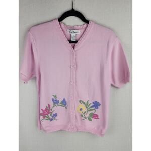 Fred Thomas Sweater Womens S pink Scalloped neck floral cottagecore grandmacore